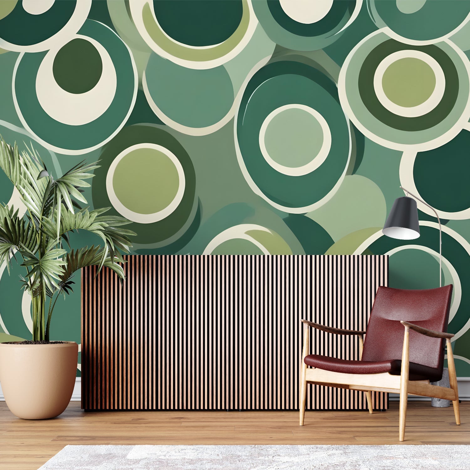 Green circle pattern wallpaper making a statement in a contemporary bedroom setting