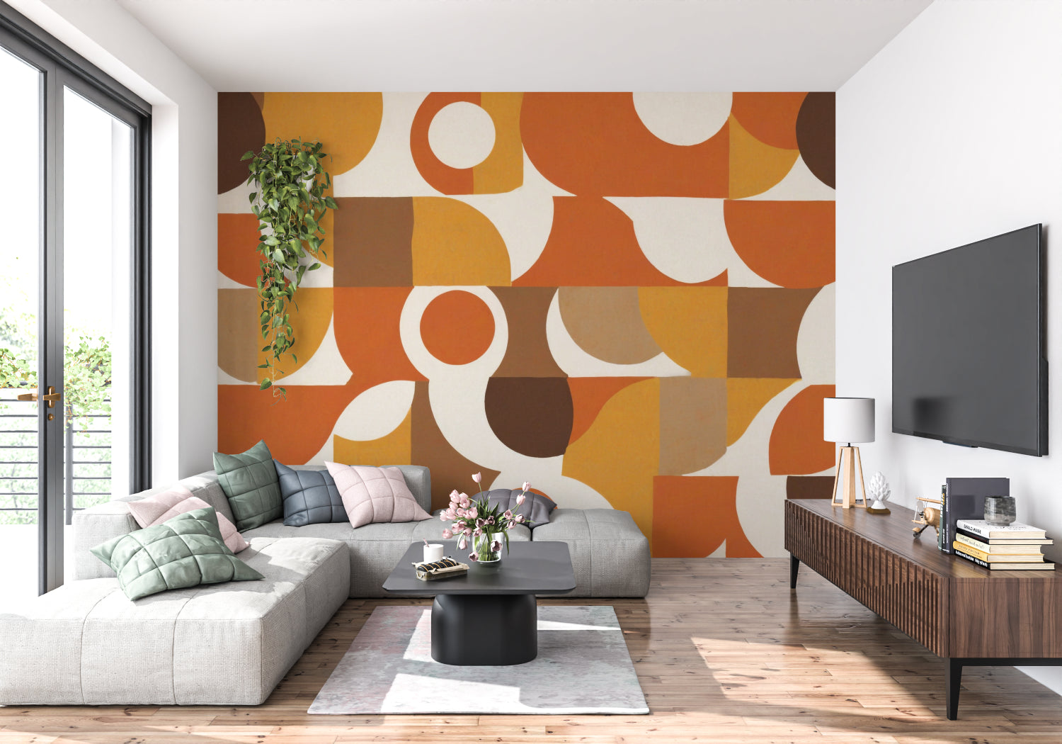 Retro circle pattern wallpaper creating depth in home office space