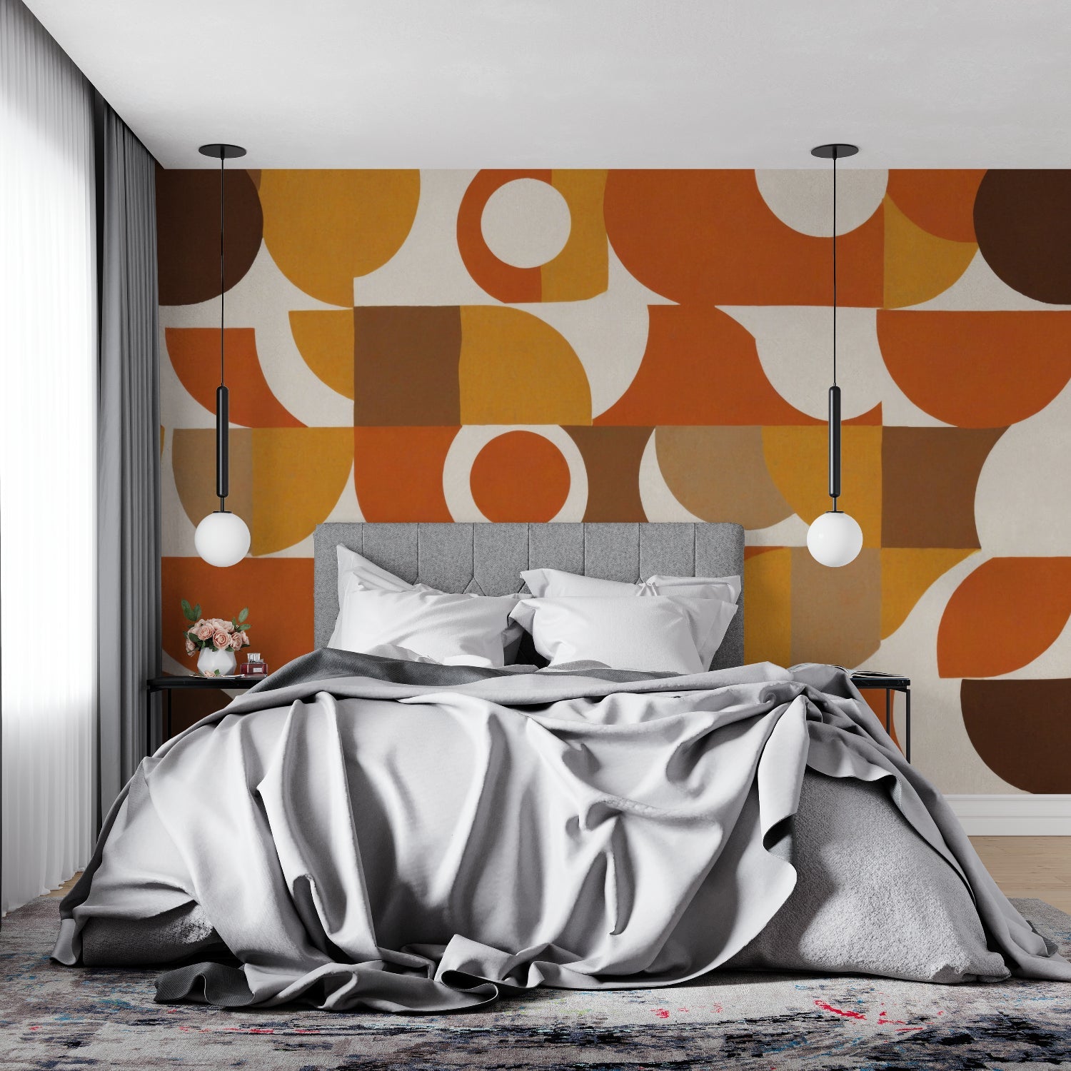 Geometric orange and brown wallpaper making statement in dining room