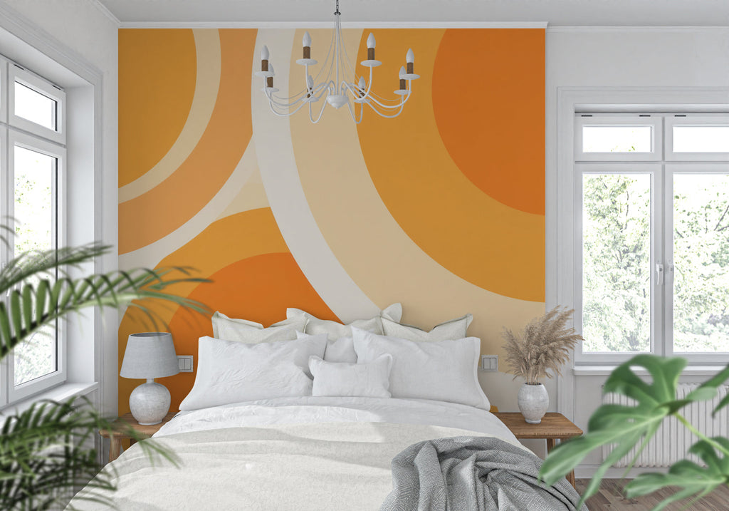 Retro geometric wallpaper in a sunny home office with white desk
