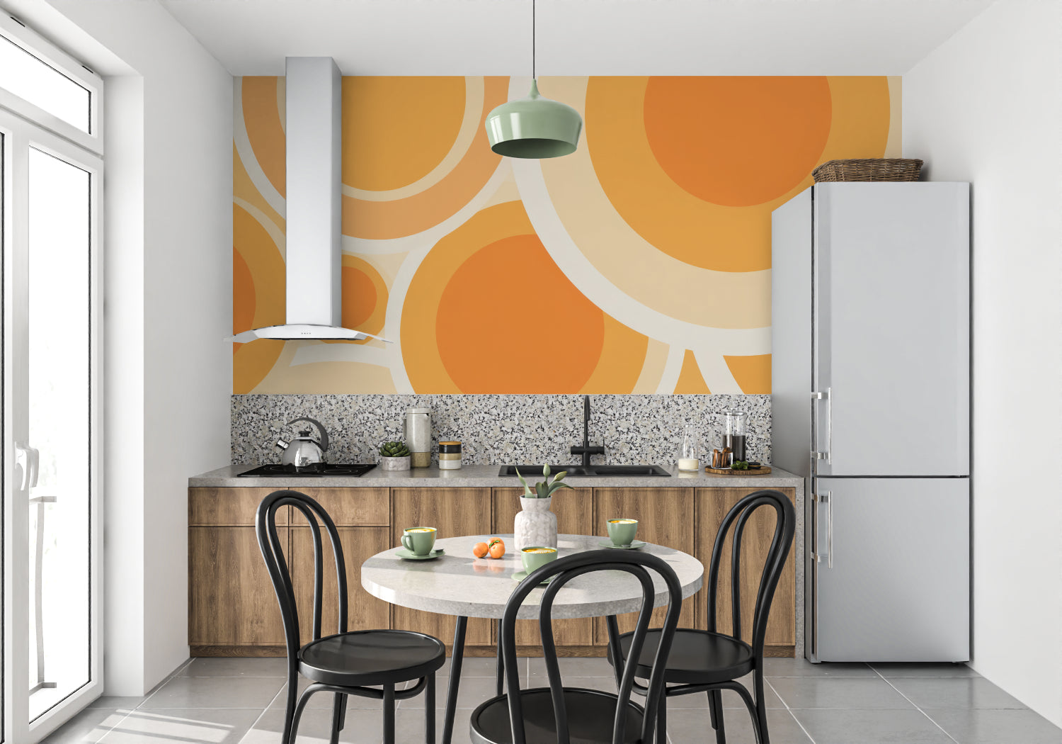 Orange geometric wallpaper in a hallway with modern lighting