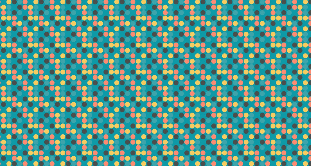 Retro polka dot pattern design file showing detailed coral, yellow and charcoal dots on turquoise background