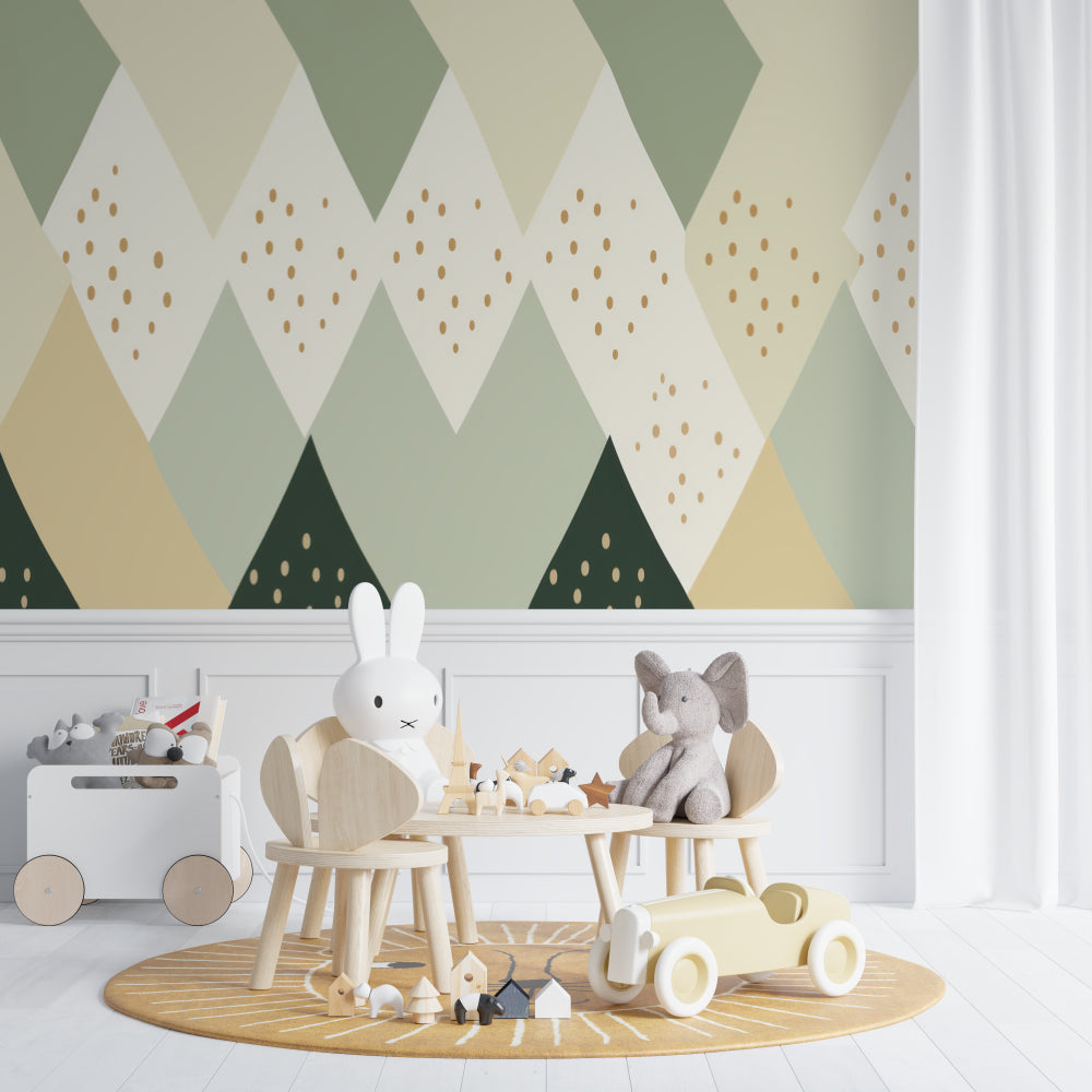 Nordic diamond pattern wallpaper creating a calm atmosphere in a minimalist bedroom