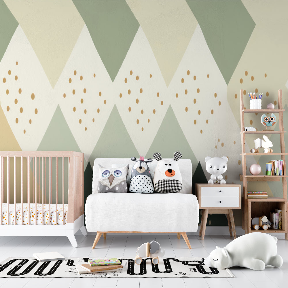 Sage green geometric wallpaper with gold accents in a modern home office space