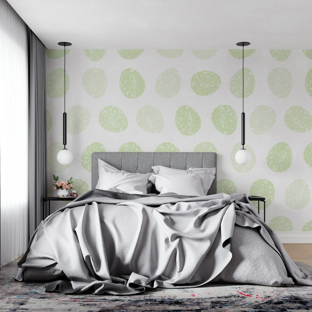 Scandinavian dining room with geometric green circle wallpaper adding subtle visual interest