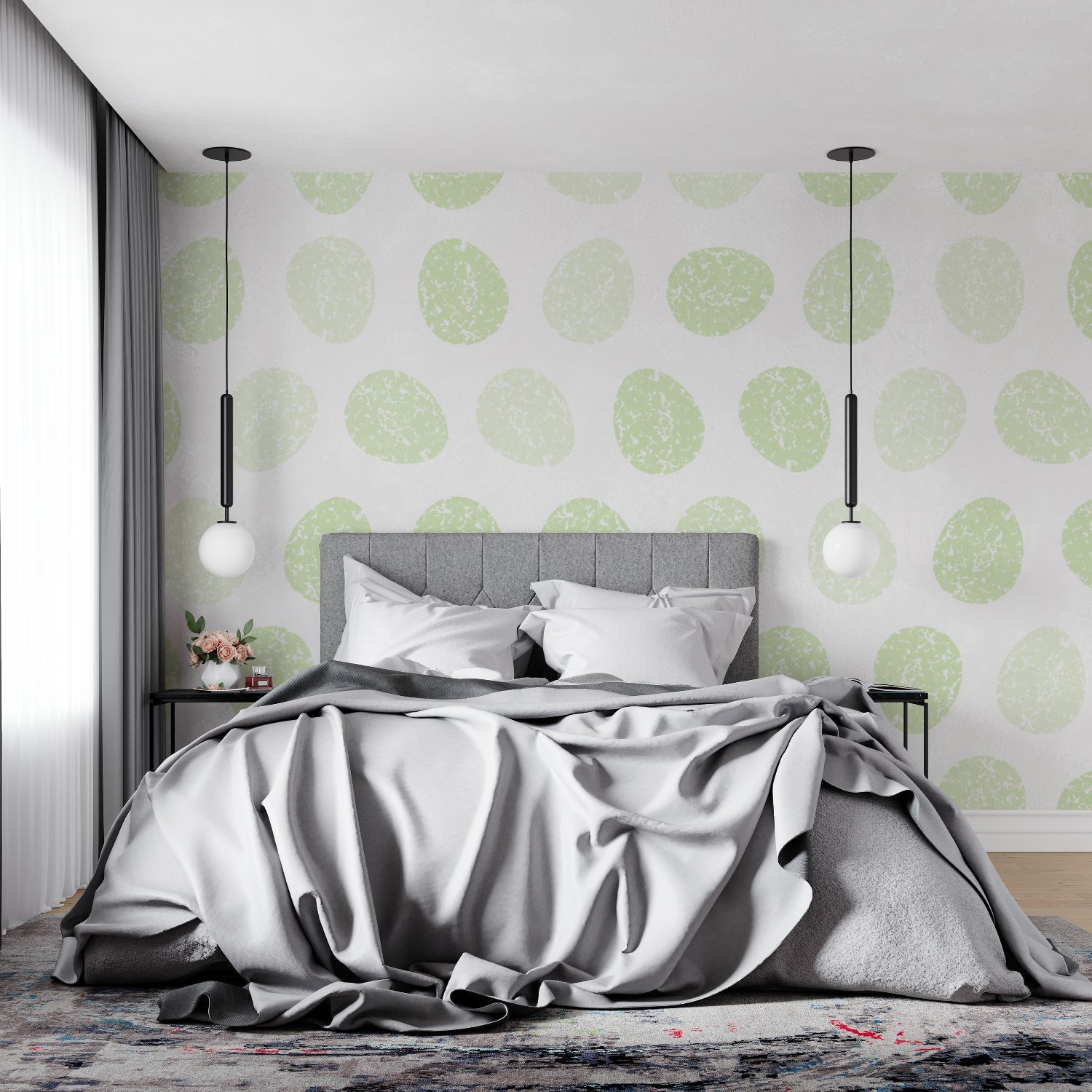 Scandinavian dining room with geometric green circle wallpaper adding subtle visual interest