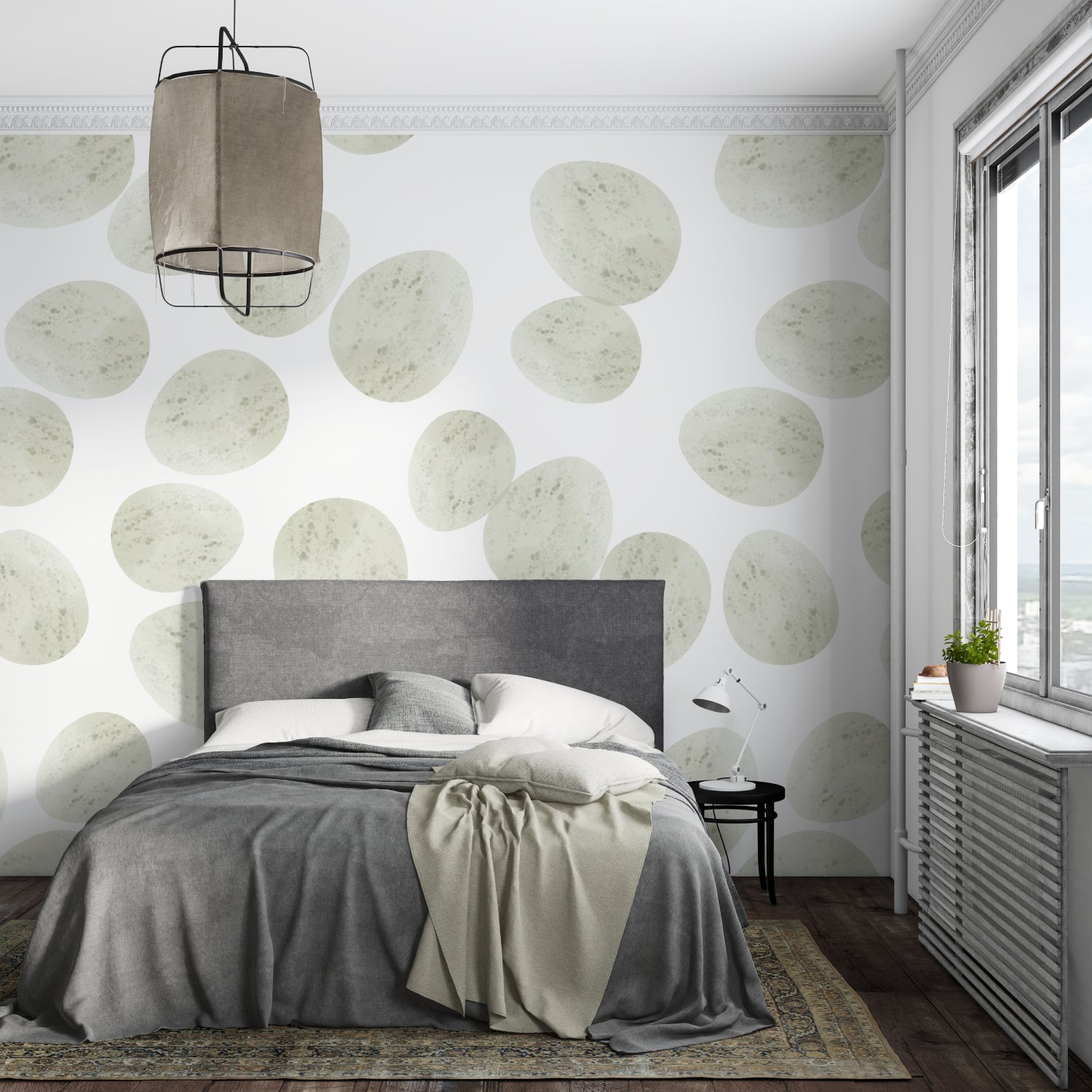Green geometric wallpaper enhancing a clean Scandinavian bedroom