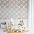 Geometric circle wallpaper in bright modern living room, showing soft pastel pattern creating depth
