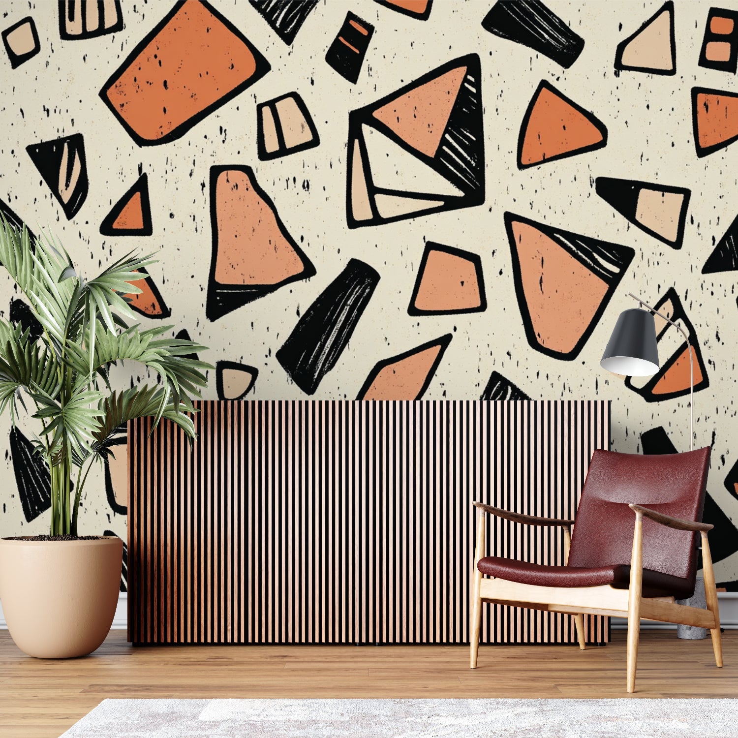 Geometric abstract wallpaper in modern living room showing terracotta and black shapes creating depth