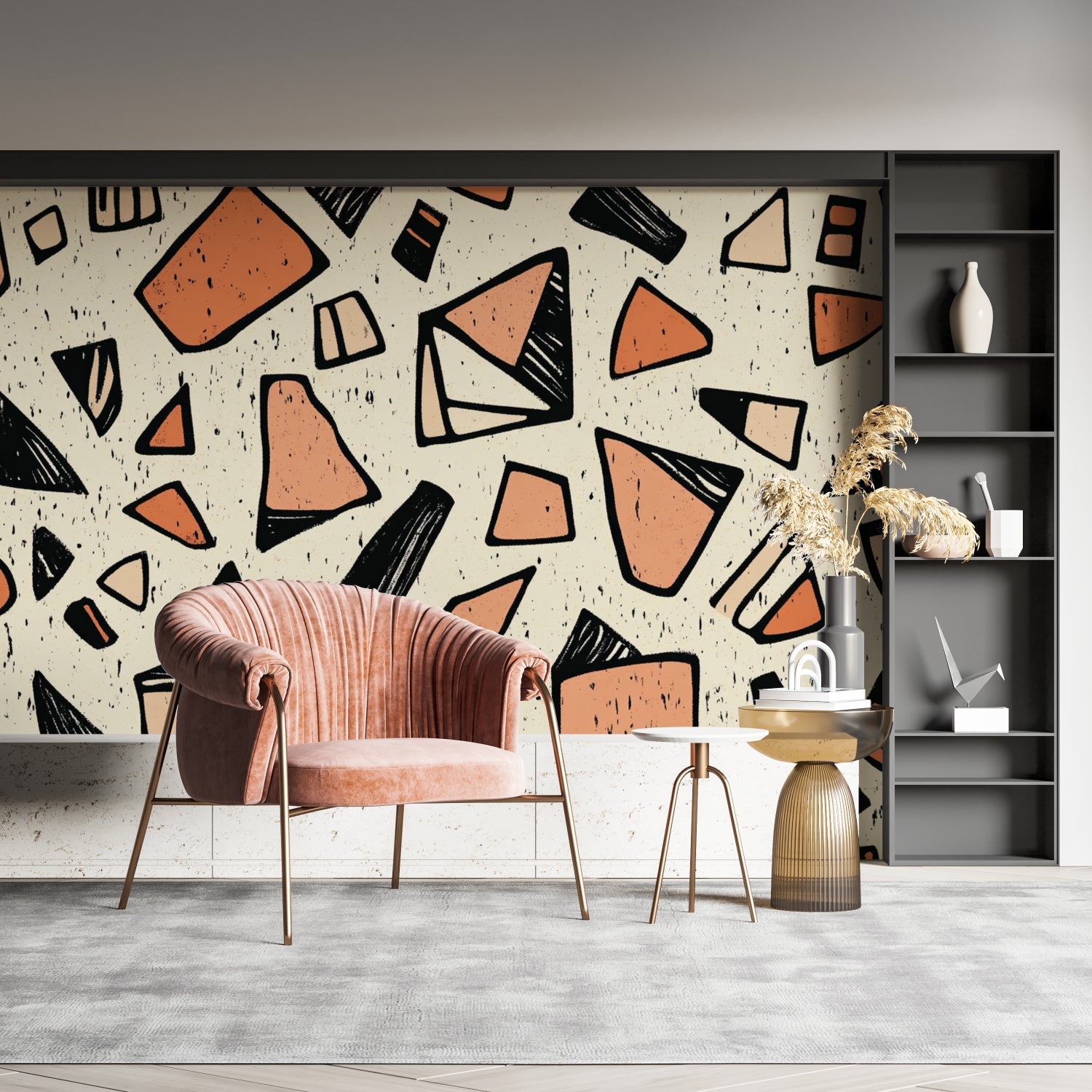 Terracotta geometric wallpaper in home office with minimalist furniture