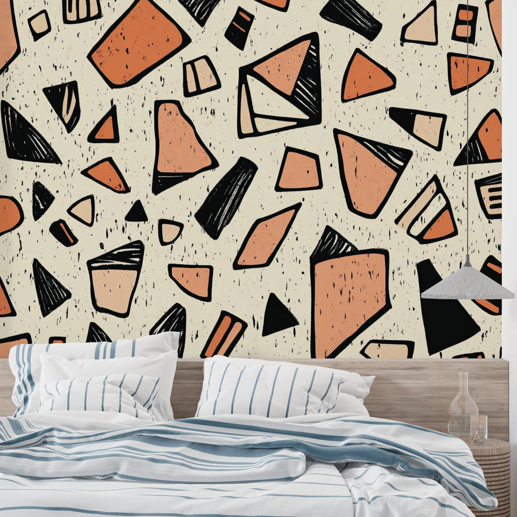 Modern geometric pattern mural in dining room with natural lighting