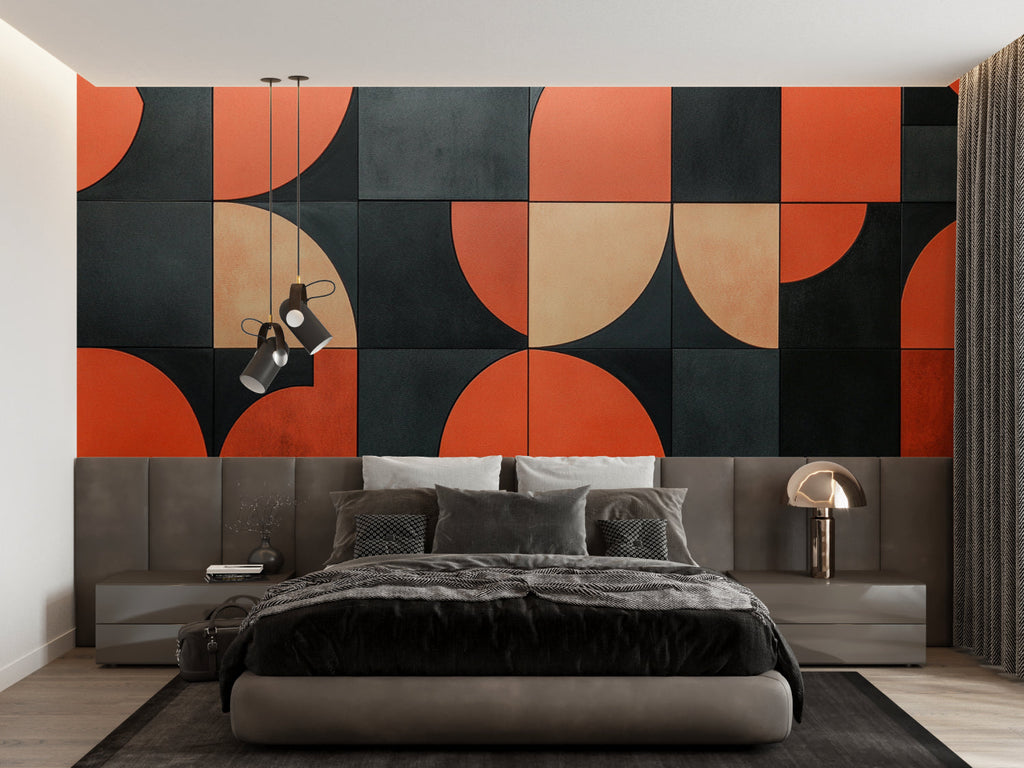 Geometric wallpaper in modern living room showing terracotta and black circles creating depth