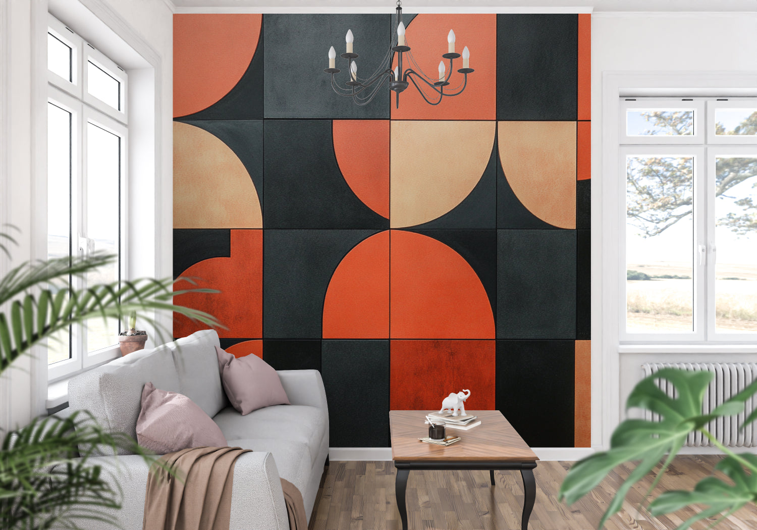 Contemporary geometric pattern mural in minimalist dining room