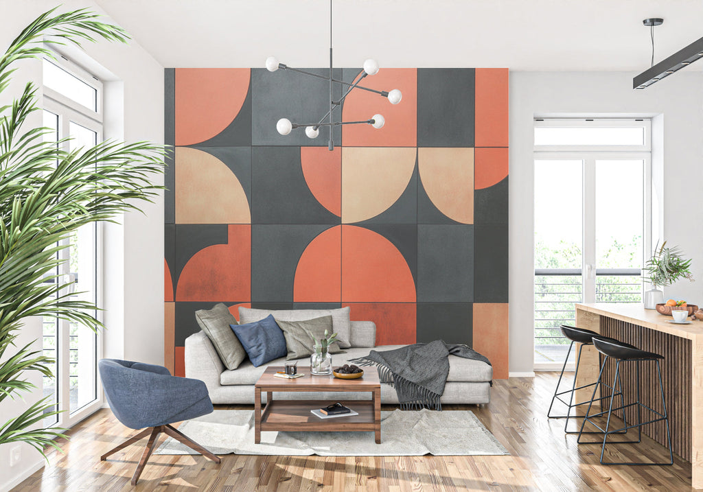 Abstract geometric wall mural in modern bedroom setting