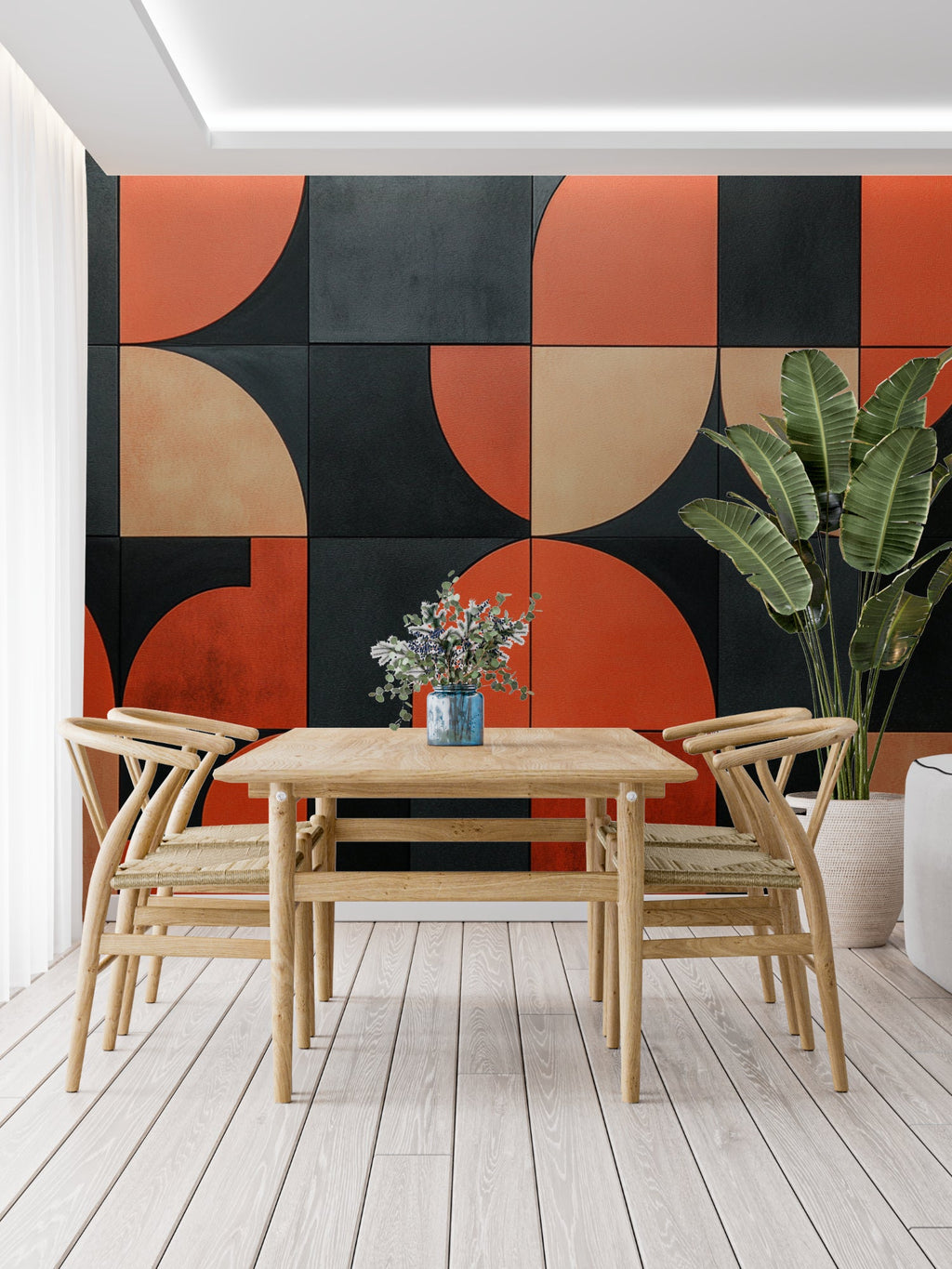 Terracotta and black geometric pattern in stylish hallway