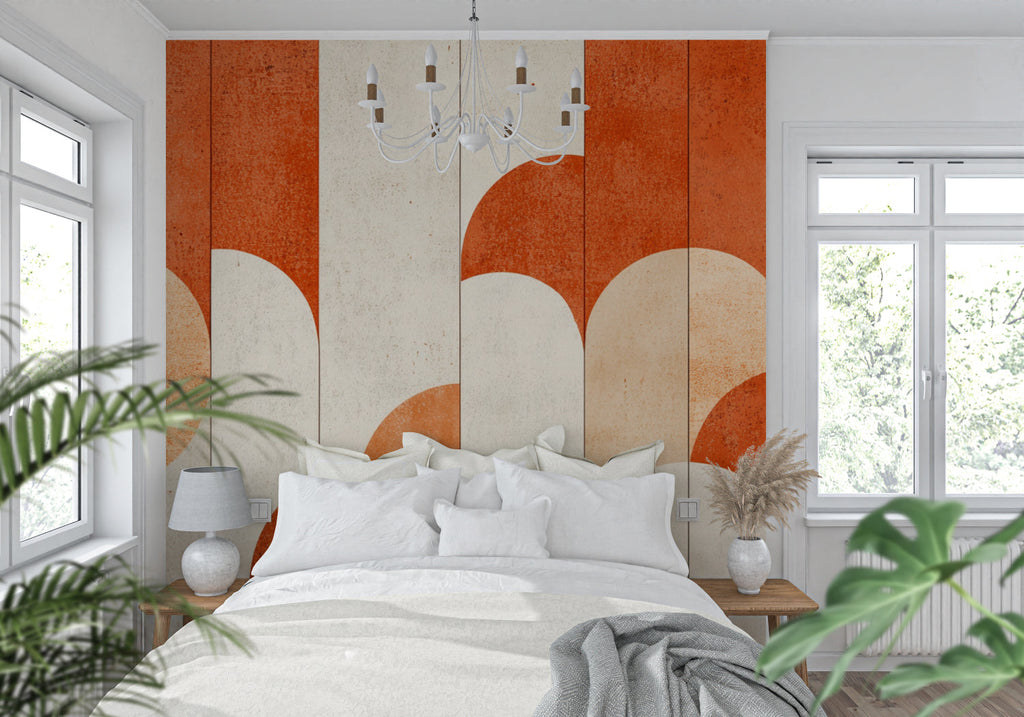 Geometric art deco wallpaper with terracotta arches creating a bold statement in a modern living room