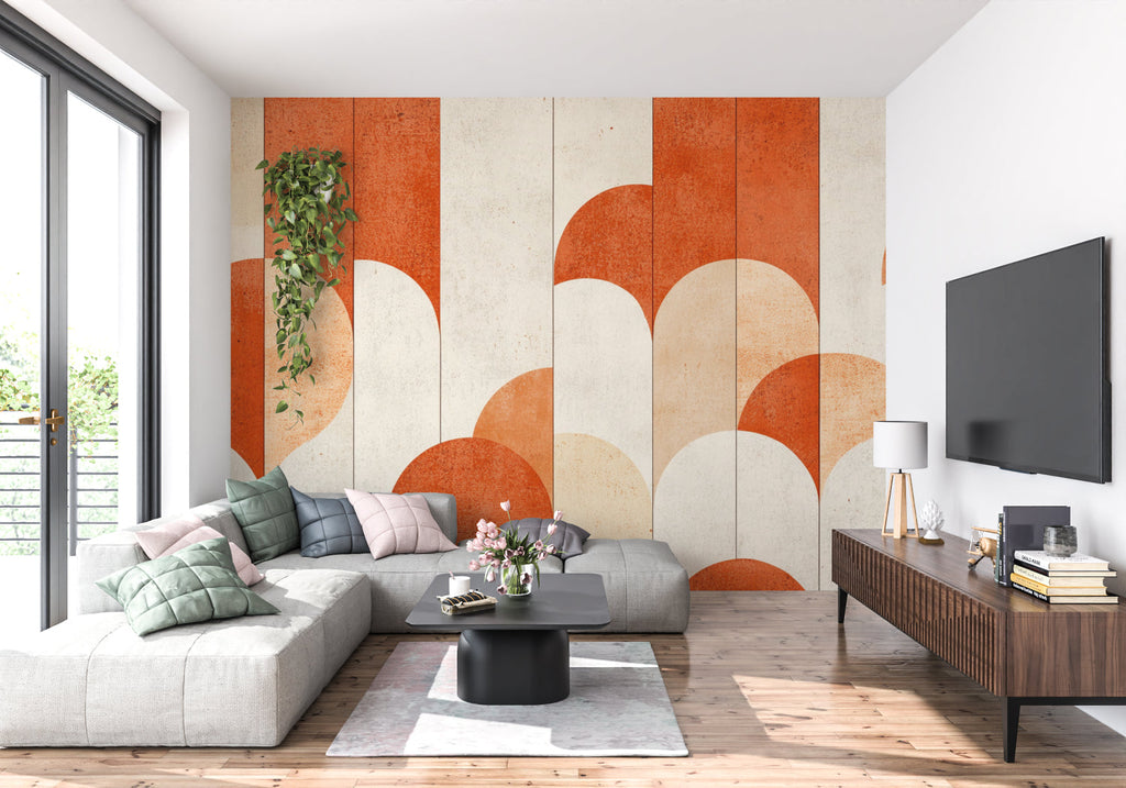 Terracotta arch wallpaper bringing warmth to a minimalist dining space