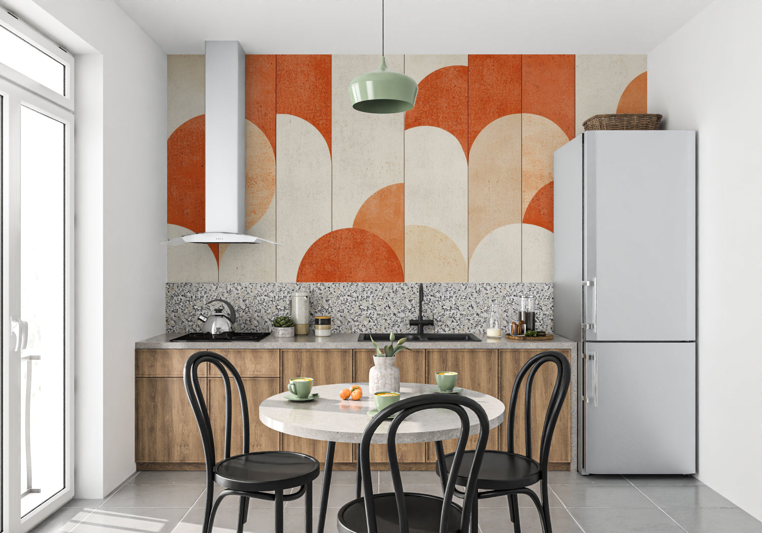 Modern geometric wallpaper with terracotta arches in a cozy bedroom setting