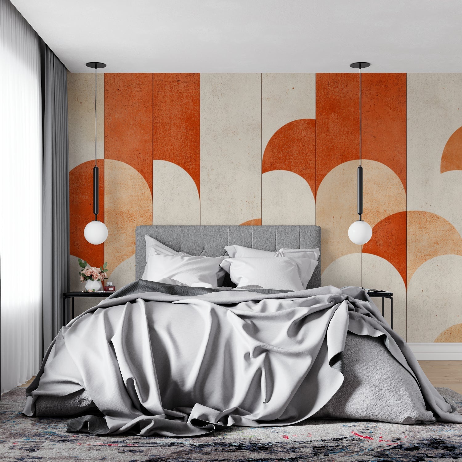 Terracotta art deco wallpaper creating an elegant backdrop in an entryway