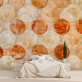 Geometric circular mosaic wallpaper in modern living room showing warm terracotta tones against white furniture