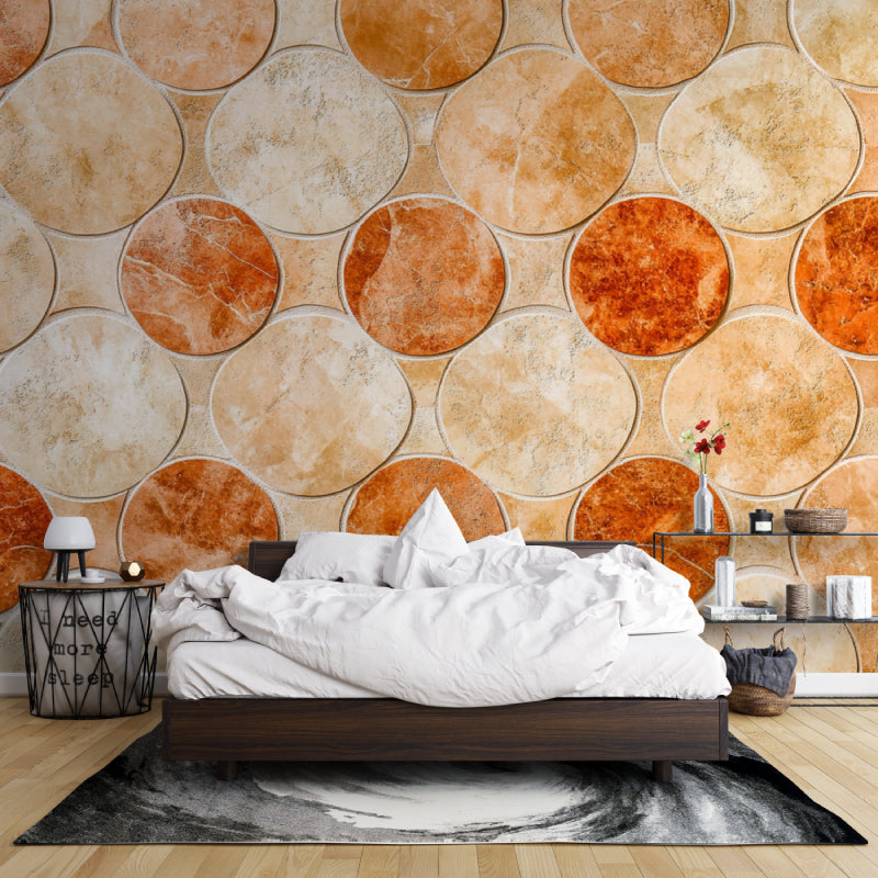 Terracotta geometric wallpaper creating focal point in minimalist dining room