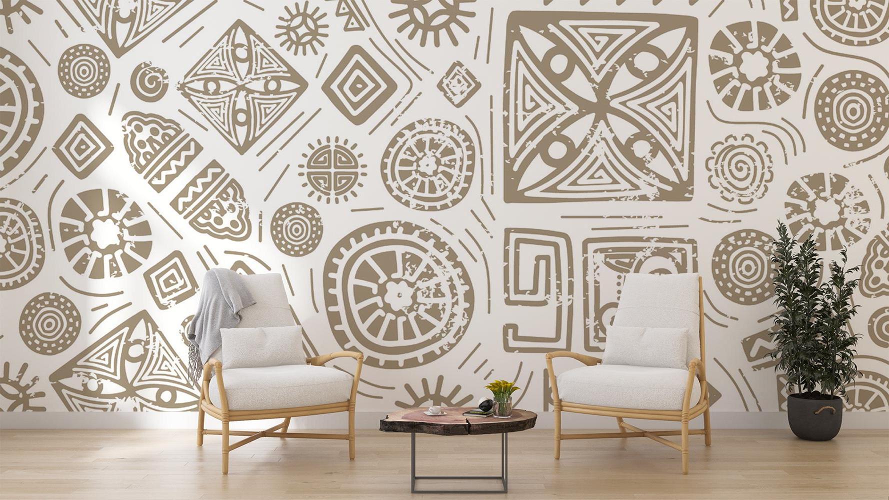 Tribal geometric pattern wallpaper in minimalist bedroom with natural light