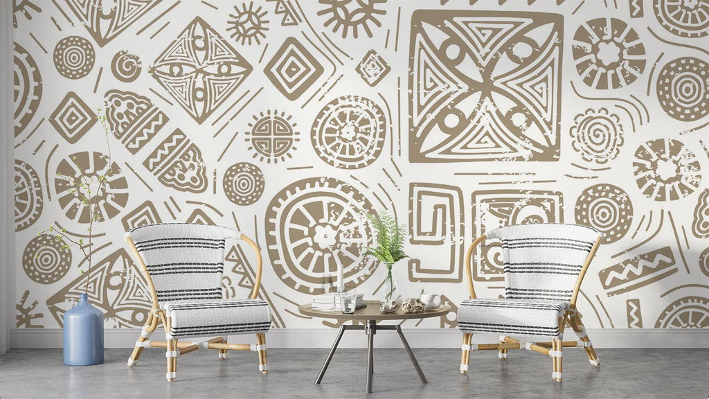 Modern hallway featuring geometric tribal wallpaper in beige and white