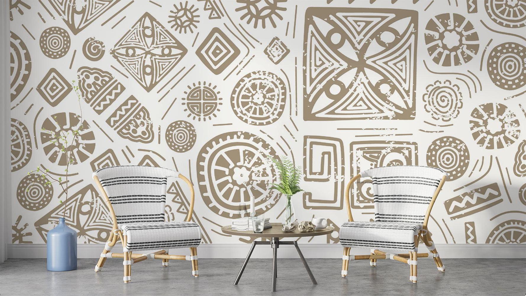 Modern hallway featuring geometric tribal wallpaper in beige and white