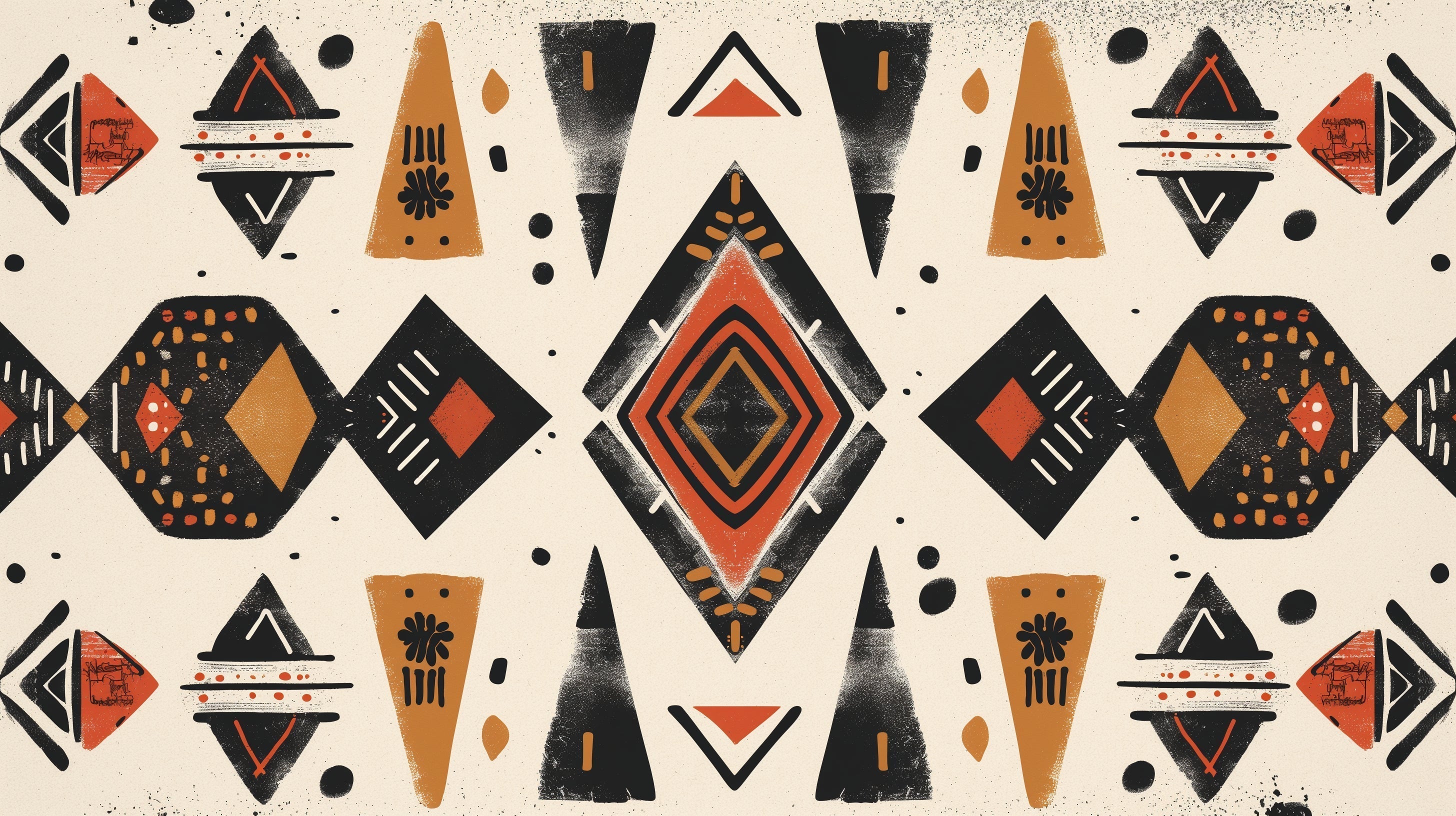 Geometric tribal wallpaper with terracotta pattern creating depth in a modern living room with minimal furniture