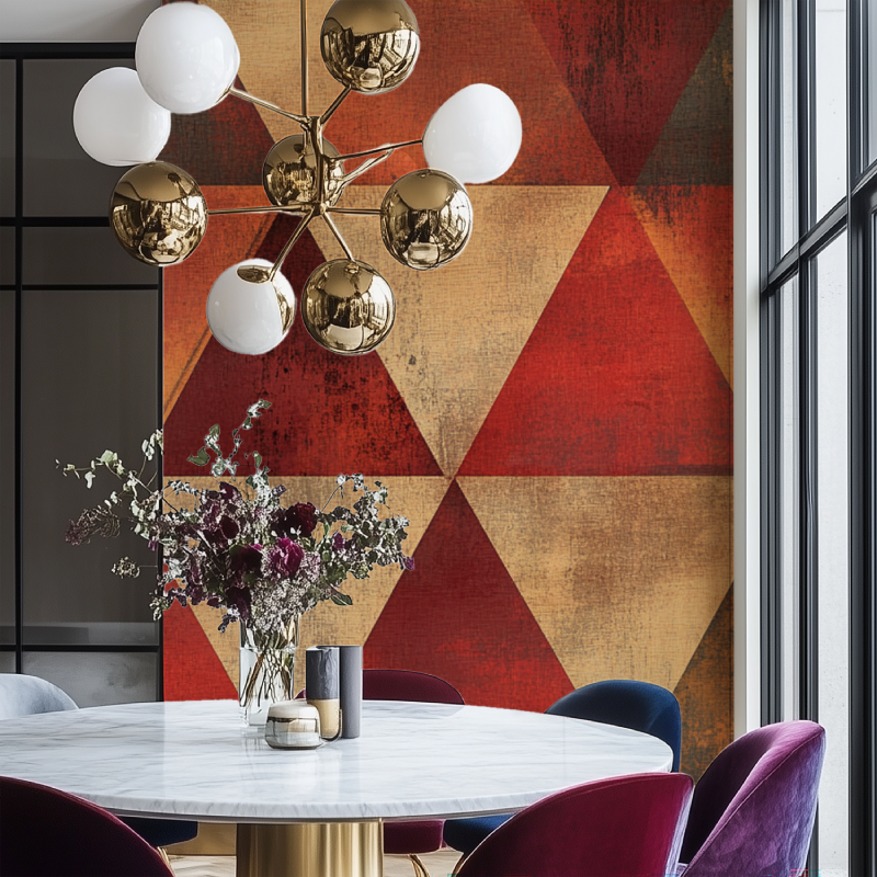 Geometric red and gold triangle wallpaper in modern living room with grey sofa and pendant lighting
