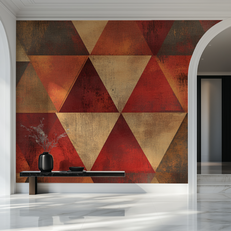 Vintage geometric wallpaper making statement in dining room with wooden furniture