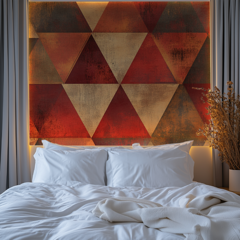 Red and gold geometric pattern wallpaper in home office with minimalist desk setup