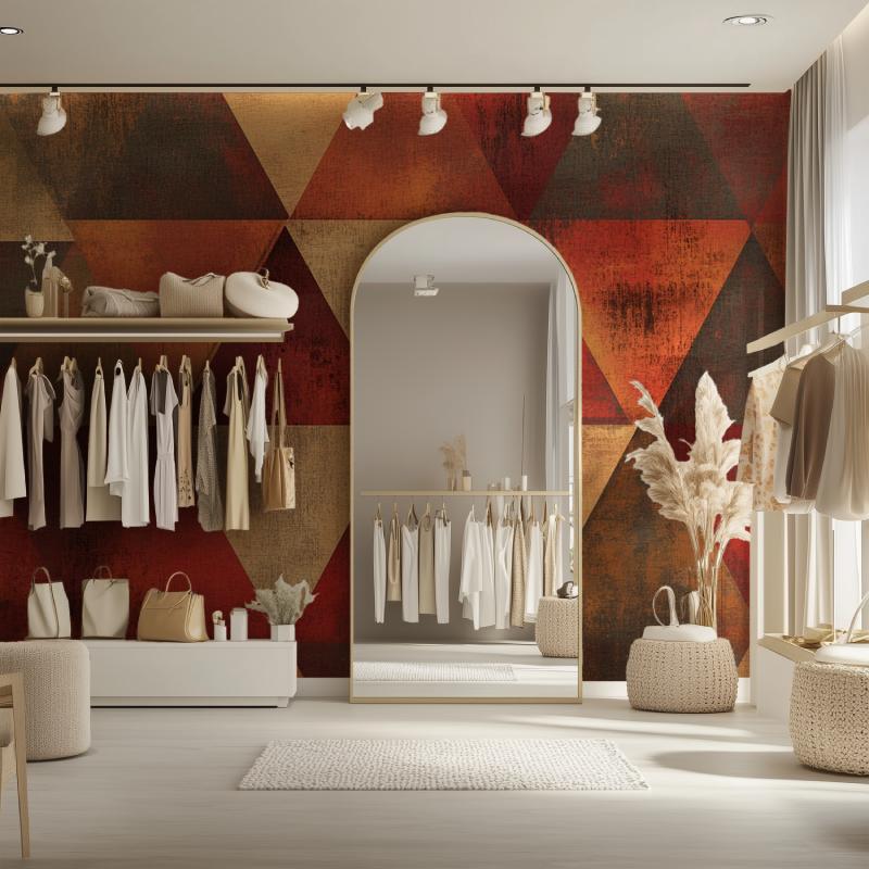 Modern geometric wall mural adding warmth to bedroom with contemporary furnishings