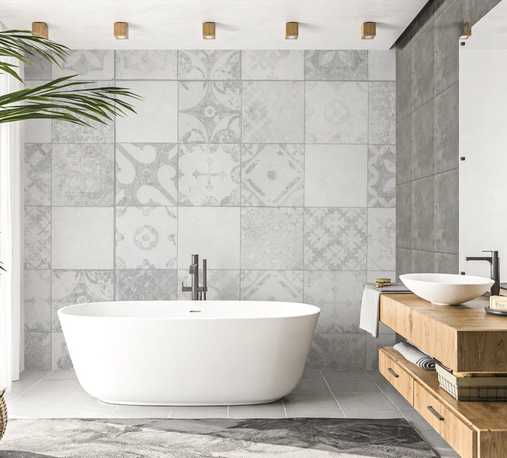 Bathroom feature wall with geometric tile pattern wallpaper in soft grey tones