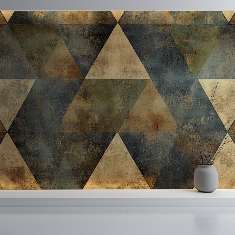 Dining room with 3D triangle wallpaper showing evening lighting effects on pattern