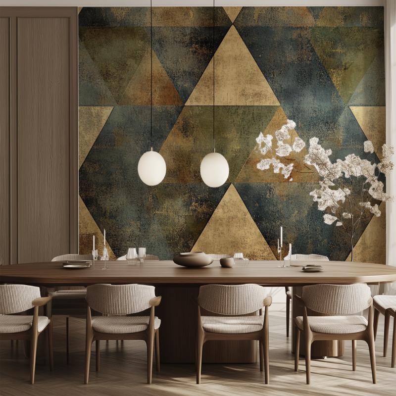 Bedroom accent wall with geometric pattern wallpaper in navy and gold tones