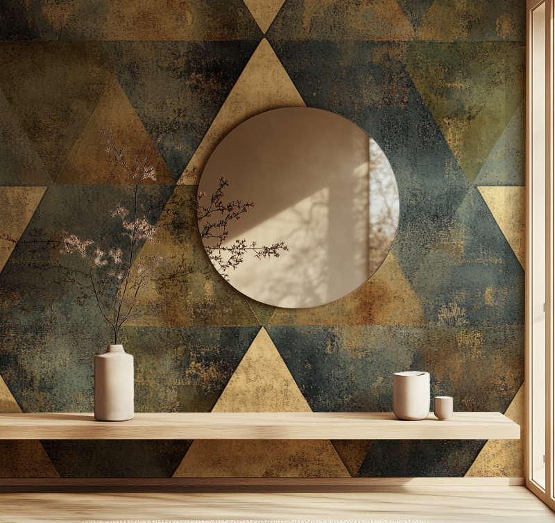 Hallway showcasing triangle wallpaper pattern with natural daylight interaction