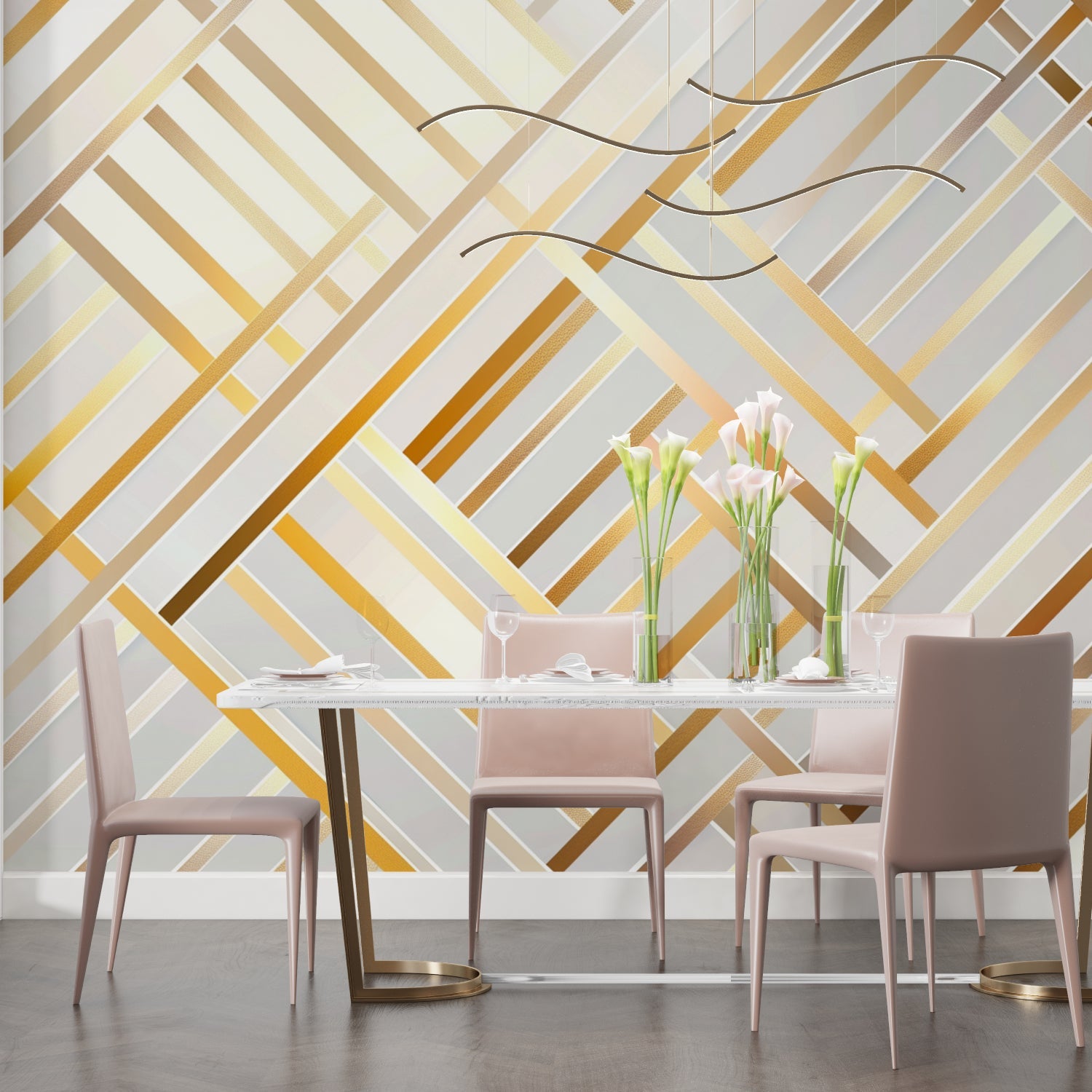 Modern art deco wallpaper lighting up elegant hallway with evening glow