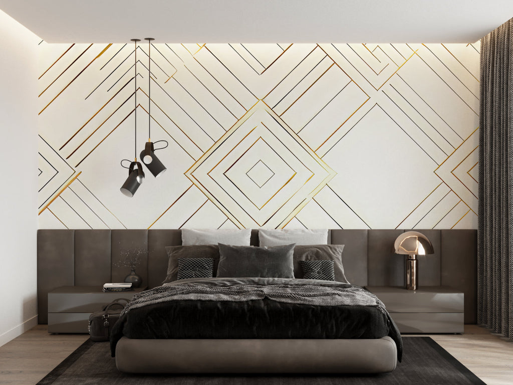 Modern hallway with geometric art deco wallpaper showing depth and dimension