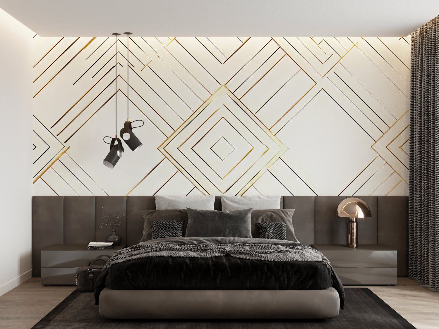 Modern hallway with geometric art deco wallpaper showing depth and dimension