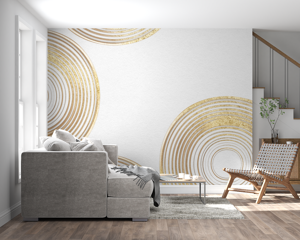 Modern gold geometric wall mural brightening home office space with desk setup