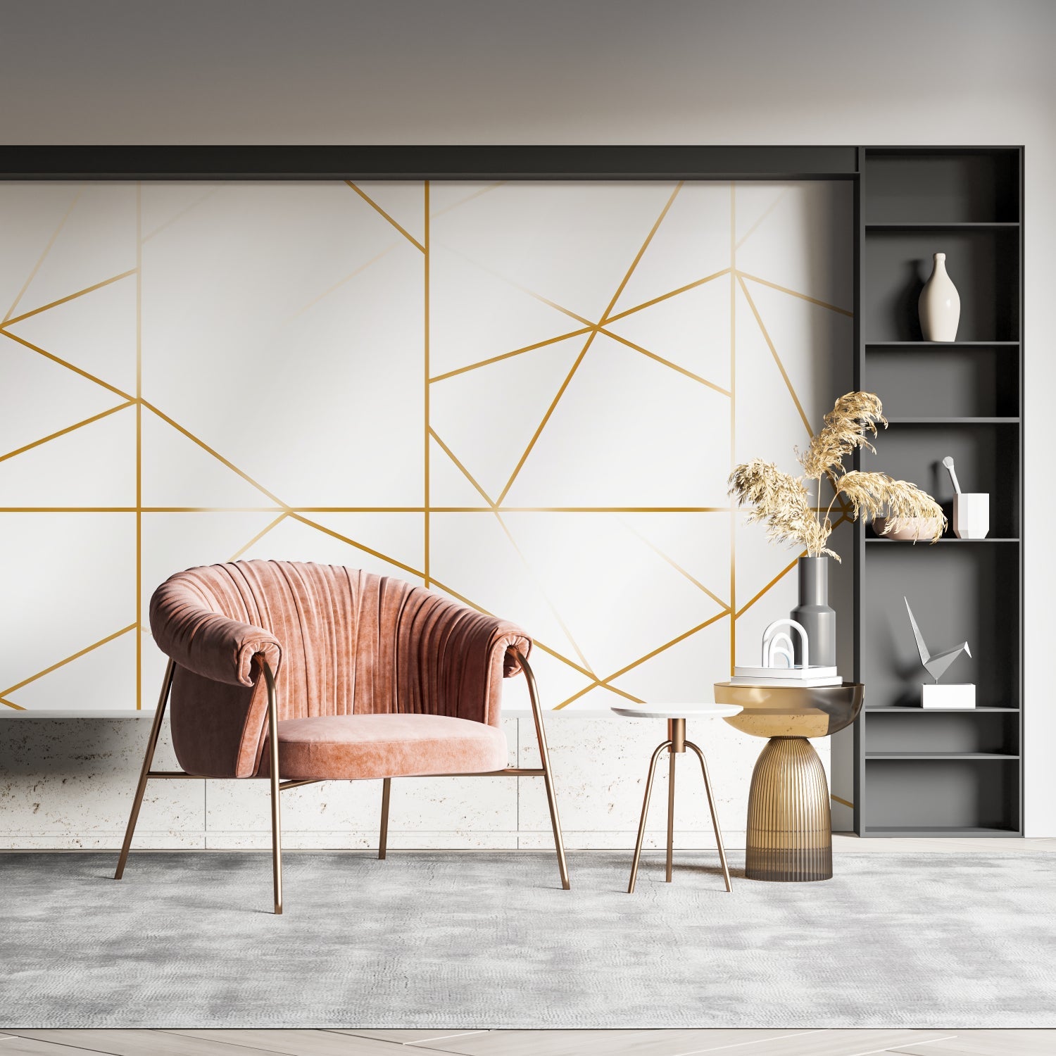 White and gold geometric pattern making a bedroom appear larger and more elegant