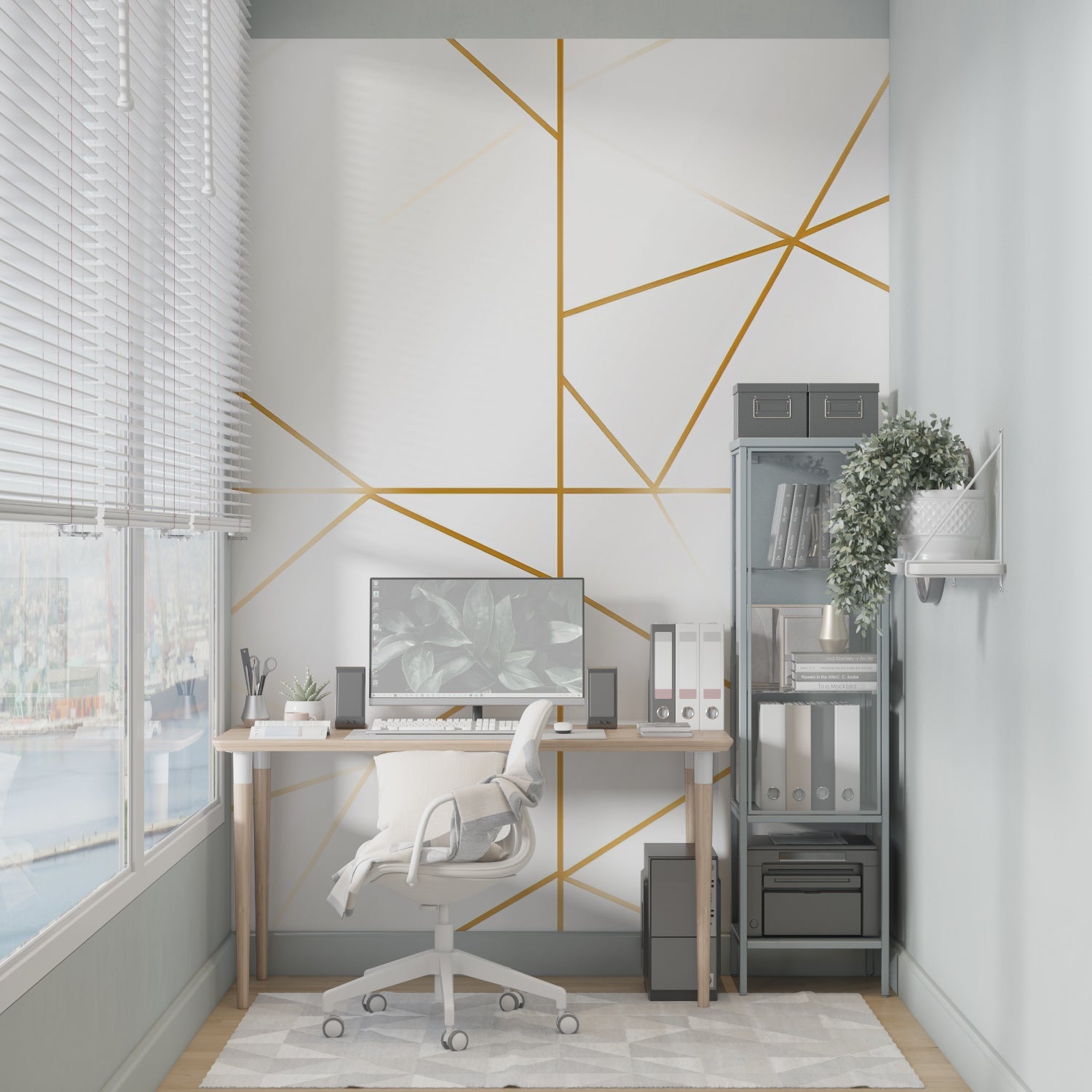 Linear pattern wallpaper adding sophistication to an entryway with evening lighting