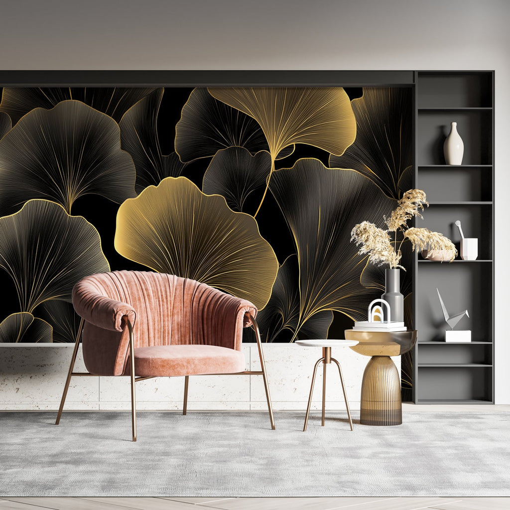 Geometric leaf wallpaper transforming a master bedroom with its elegant black and gold design