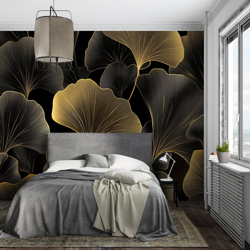 Art deco wall mural showcasing metallic details in a boutique entrance hallway