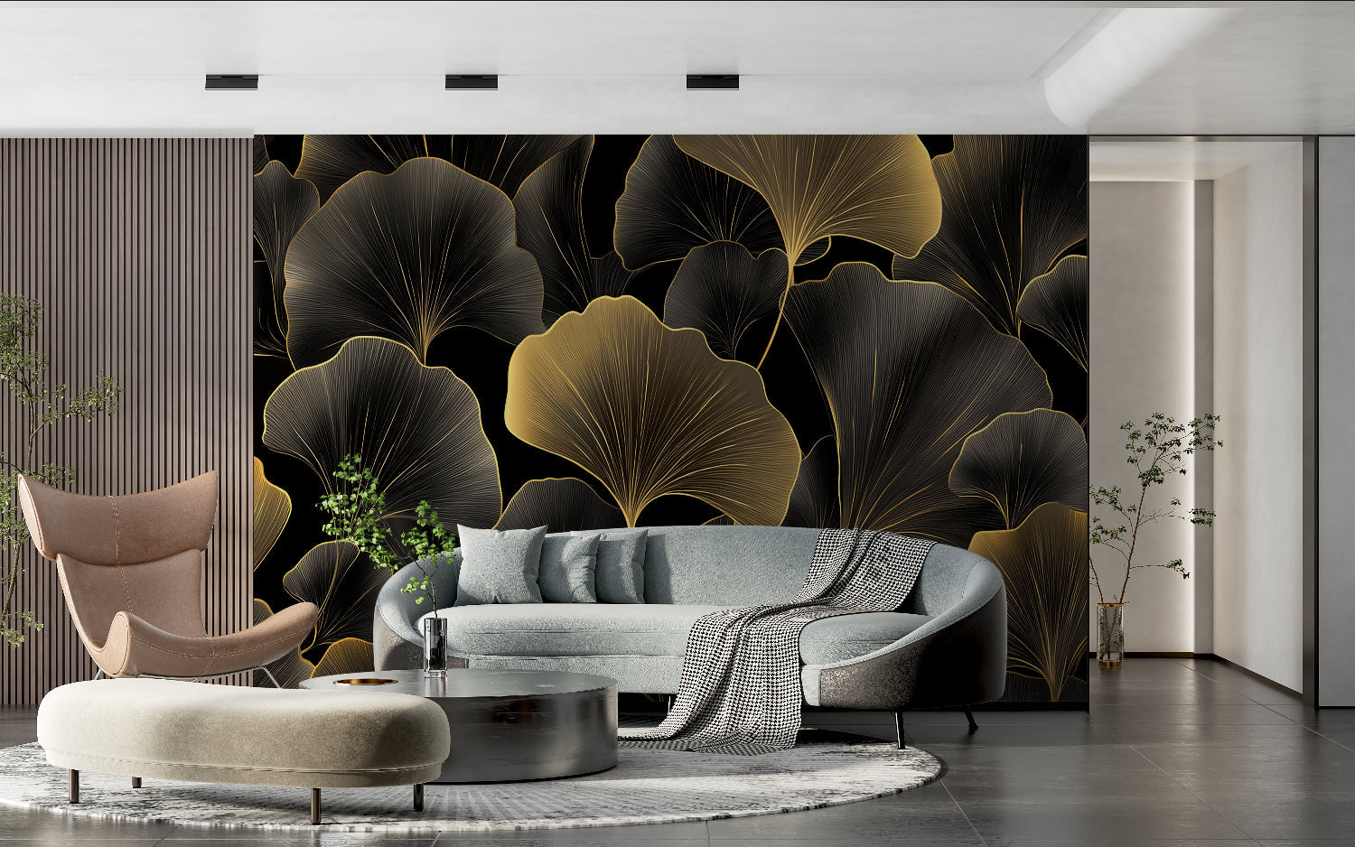 Black and gold art deco wallpaper in boutique hotel lobby