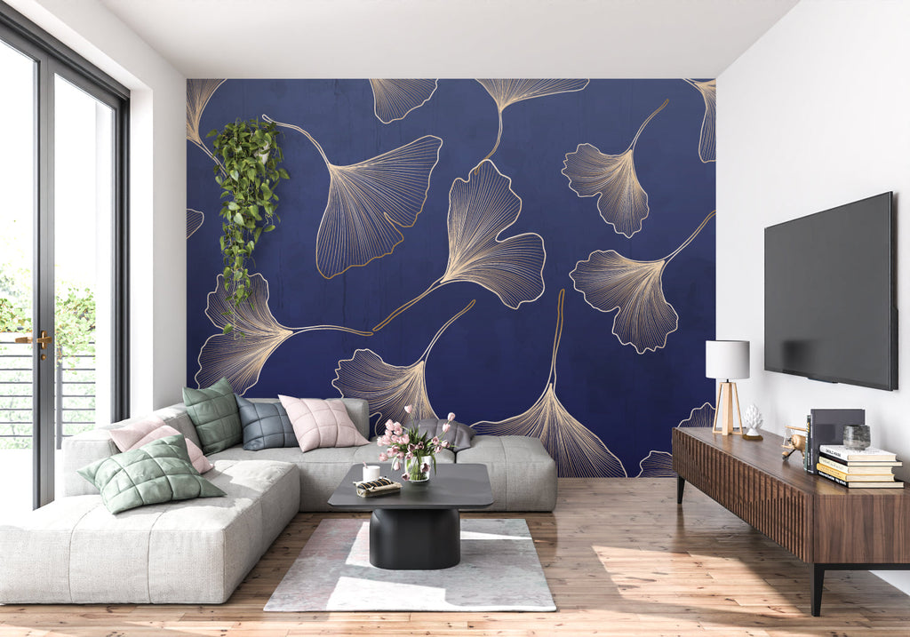 Navy and gold Ginkgo wallpaper bringing elegance to dining room with crystal chandelier