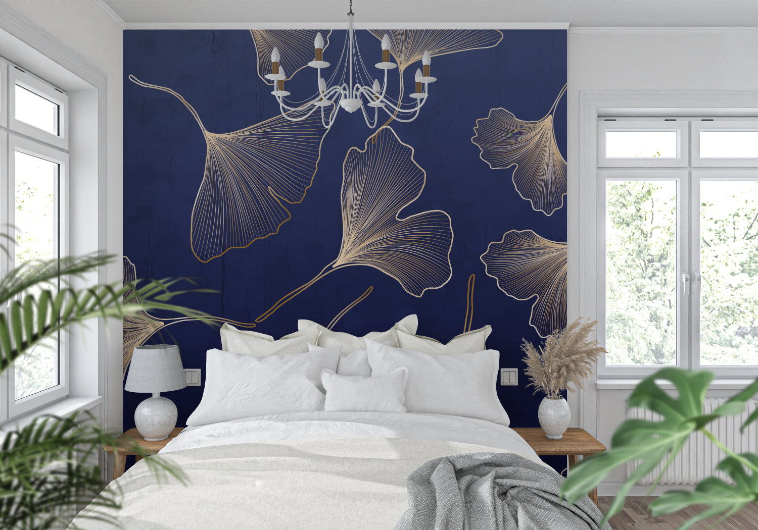 Gold leaf wallpaper accent wall in home office with modern desk setup