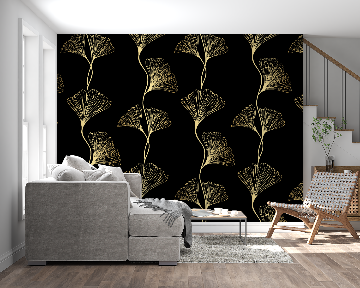 Black and gold botanical wallpaper adding luxury to master bedroom feature wall