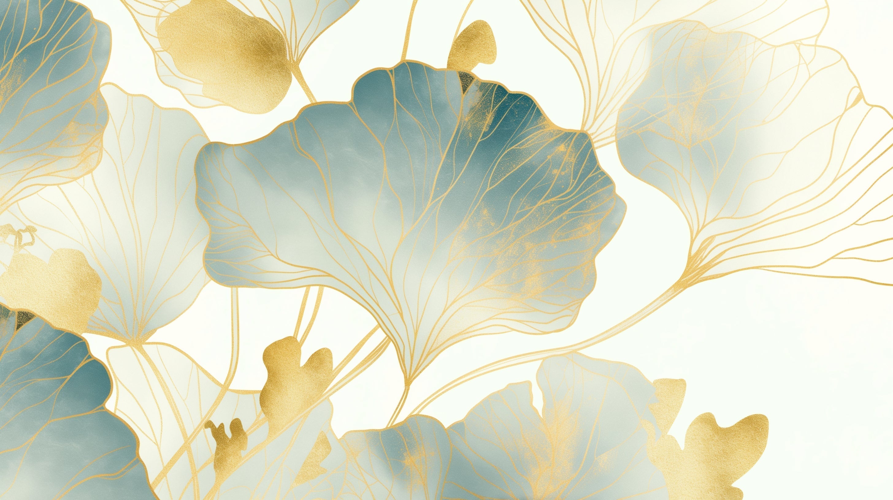 Gold and blue Ginkgo wall mural creating a luxurious backdrop in a modern dining room with soft lighting